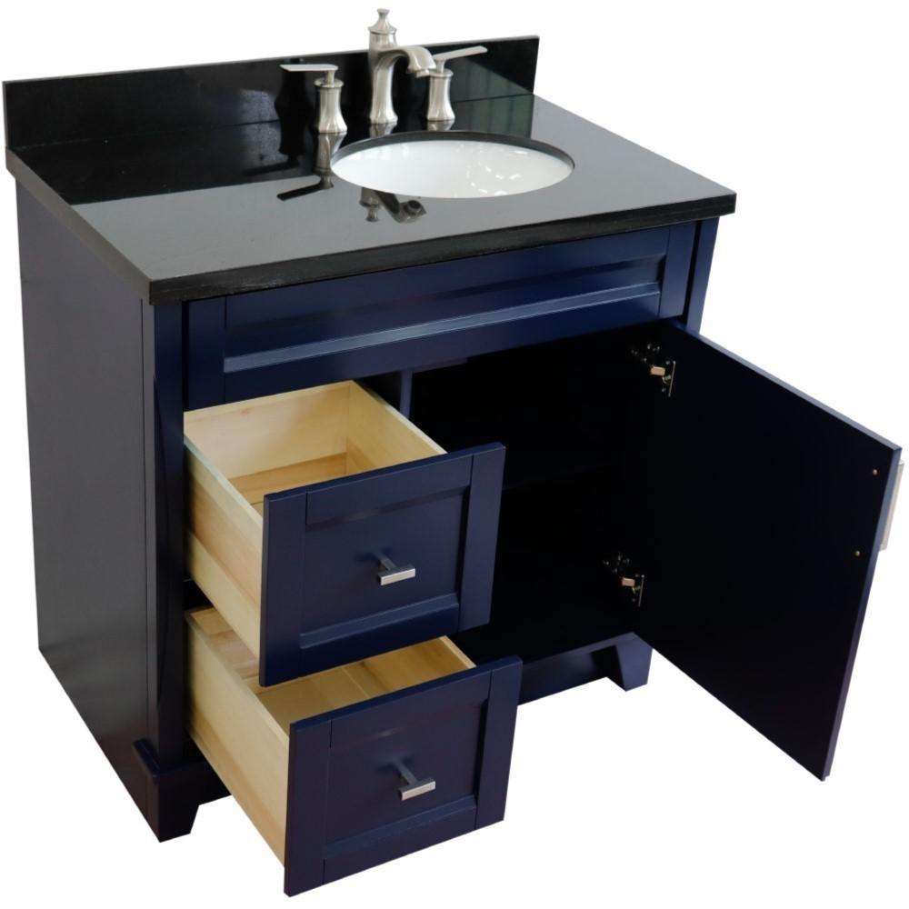 Single sink vanity in Blue with Black galaxy granite and LEFT oval sink. Picture 10