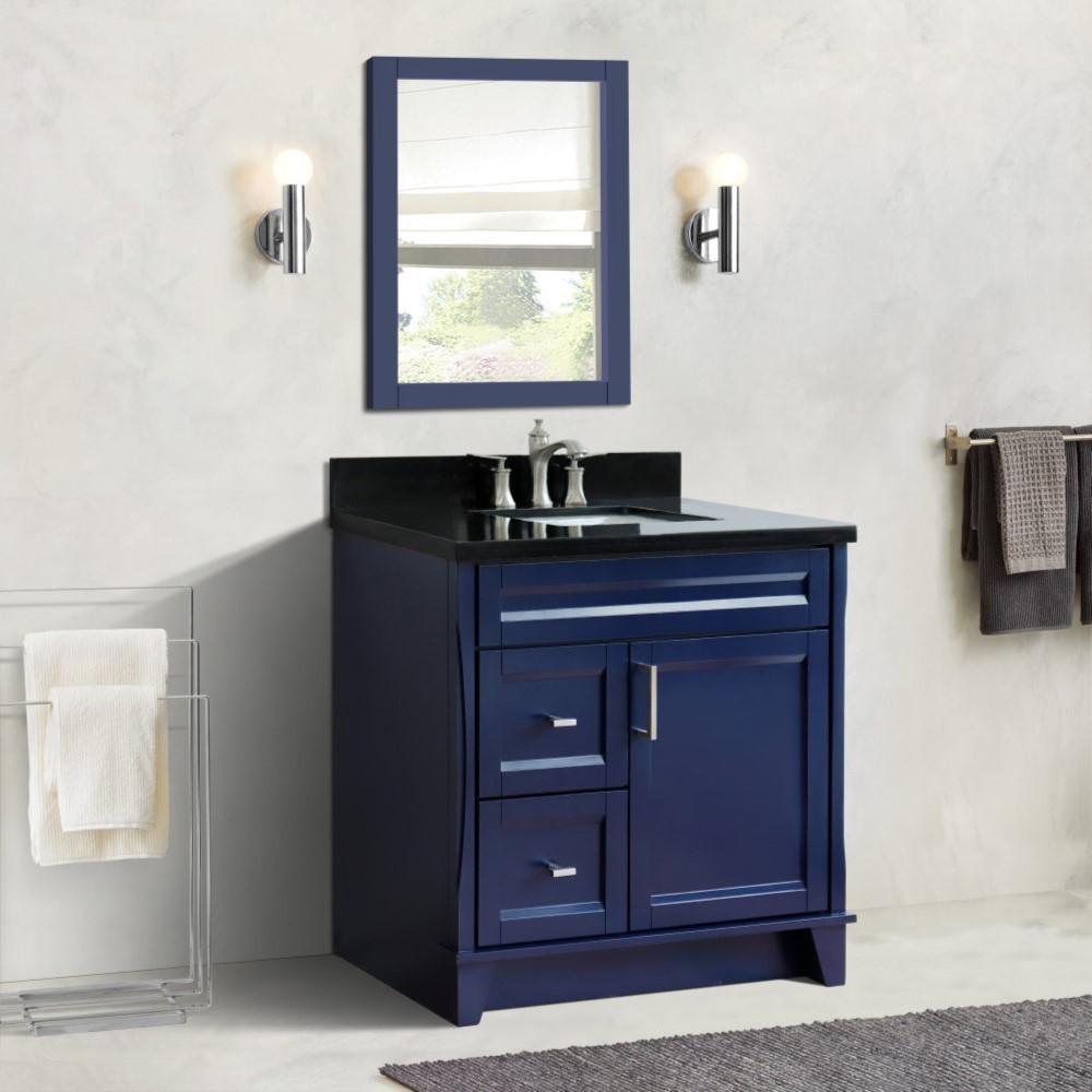 Single sink vanity in Blue with Black galaxy granite and rectangle sink. Picture 2