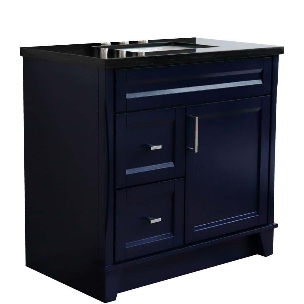 Single sink vanity in Blue with Black galaxy granite and rectangle sink. Picture 1