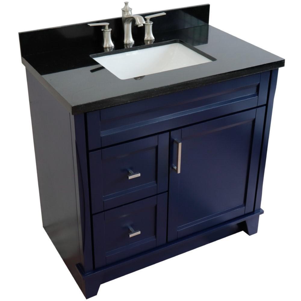 Single sink vanity in Blue with Black galaxy granite and rectangle sink. Picture 12