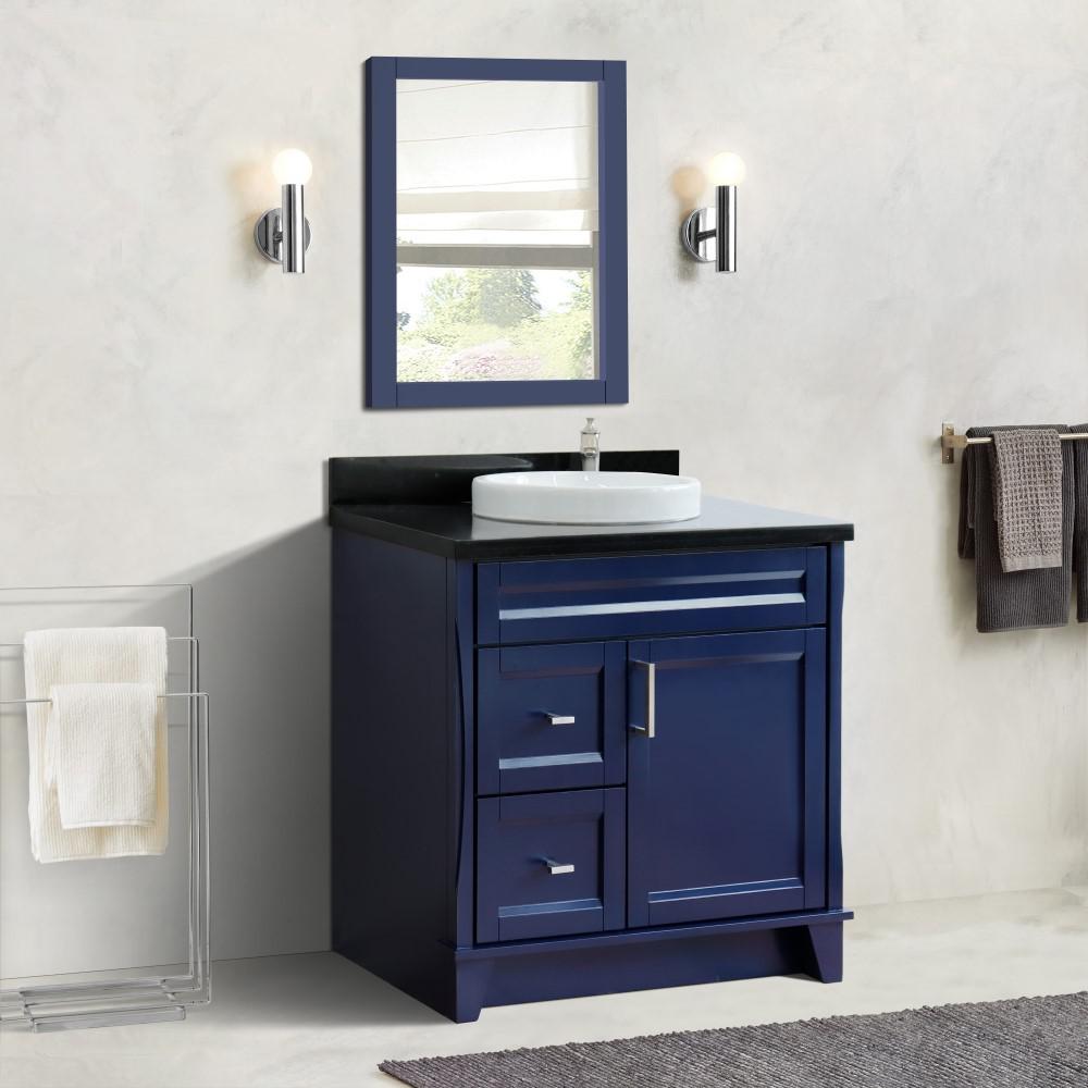 Single sink vanity in Blue with Black galaxy granite and CENTER round sink. Picture 2