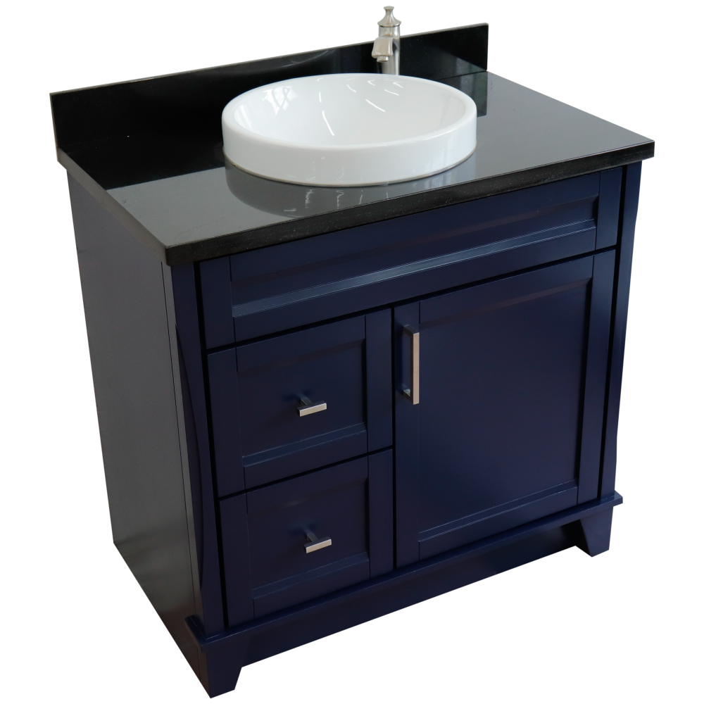 Single sink vanity in Blue with Black galaxy granite and CENTER round sink. Picture 3