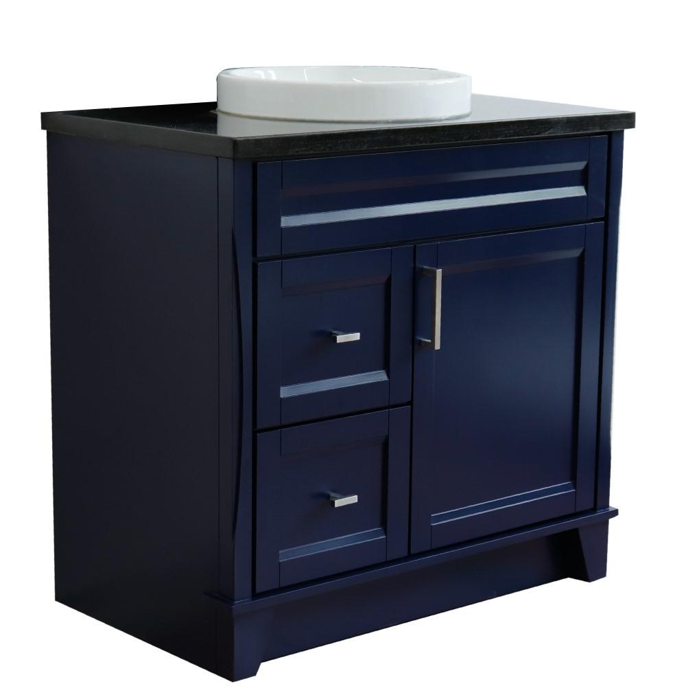 Single sink vanity in Blue with Black galaxy granite and CENTER round sink. Picture 1