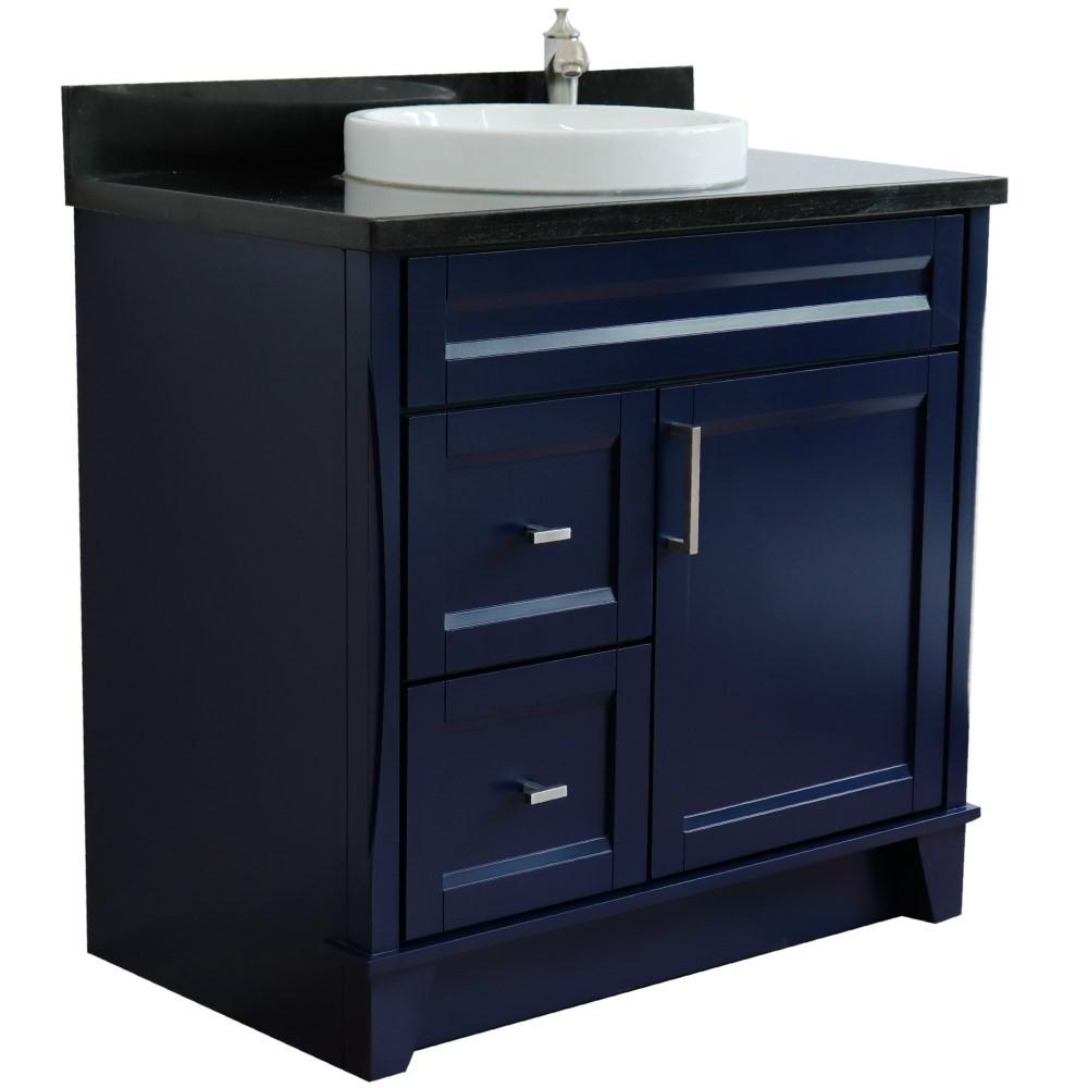 Single sink vanity in Blue with Black galaxy granite and CENTER round sink. Picture 7