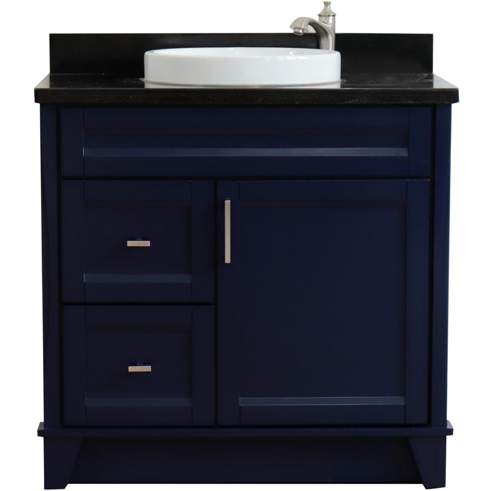 Single sink vanity in Blue with Black galaxy granite and CENTER round sink. Picture 9