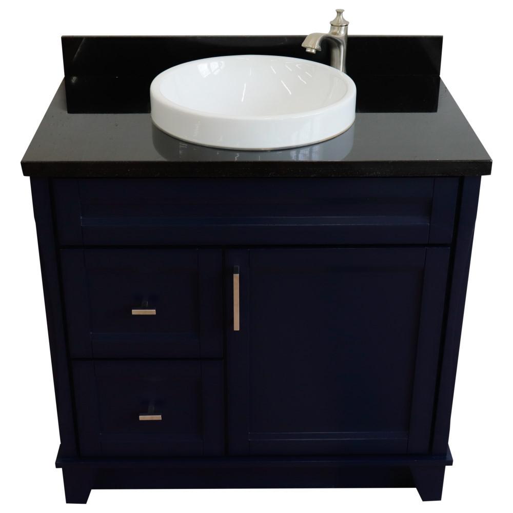 Single sink vanity in Blue with Black galaxy granite and CENTER round sink. Picture 11