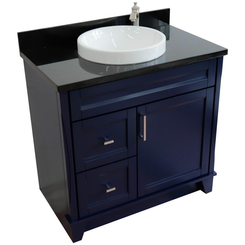 Single sink vanity in Blue with Black galaxy granite and CENTER round sink. Picture 12