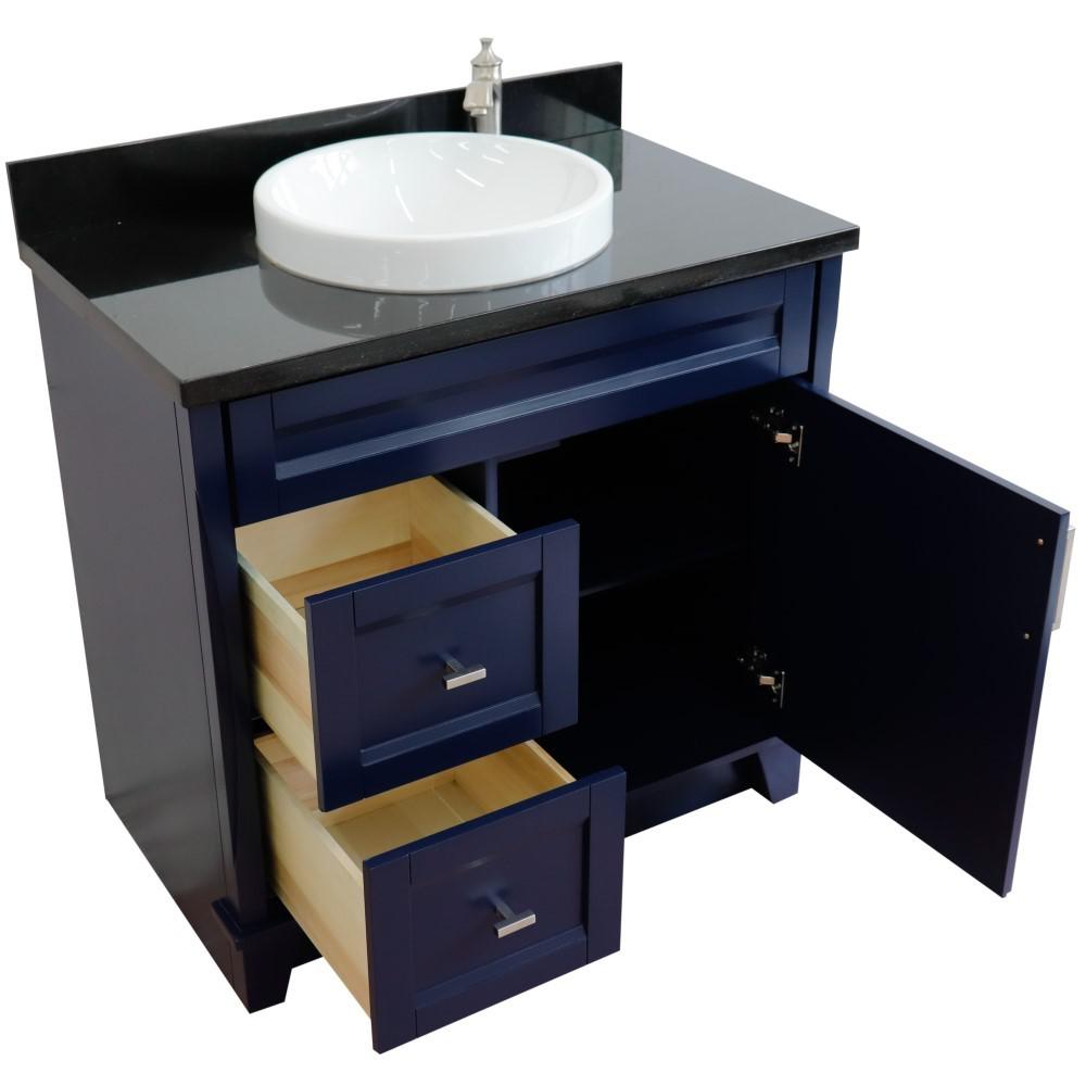 Single sink vanity in Blue with Black galaxy granite and CENTER round sink. Picture 13