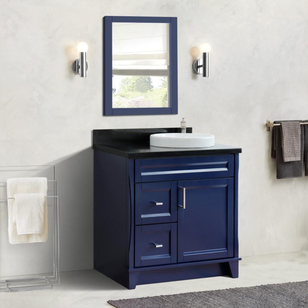 Single sink vanity in Blue with Black galaxy granite and LEFT round sink. Picture 2