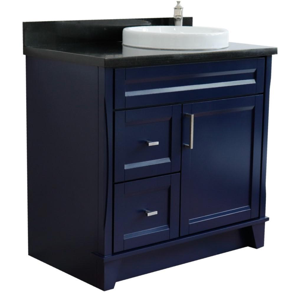Single sink vanity in Blue with Black galaxy granite and LEFT round sink. Picture 3