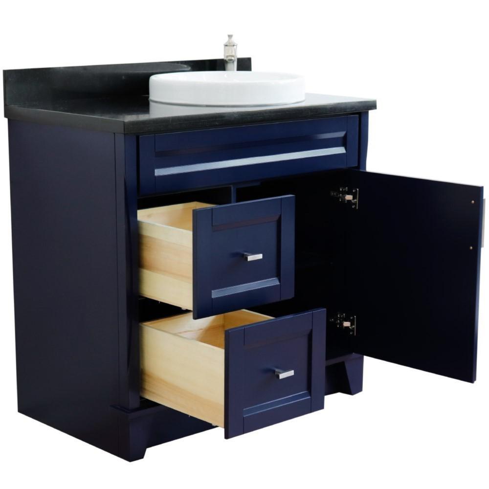 Single sink vanity in Blue with Black galaxy granite and LEFT round sink. Picture 4