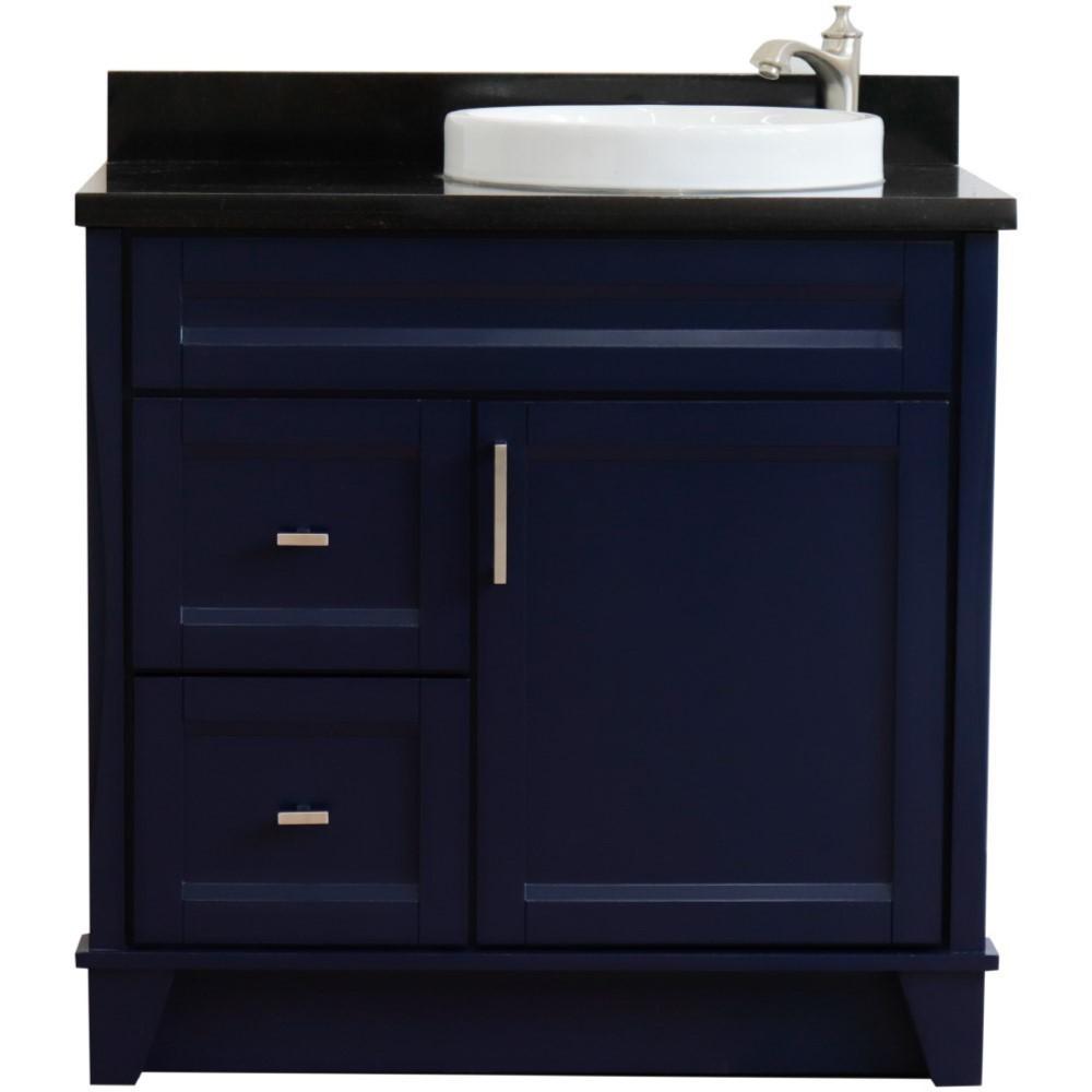 Single sink vanity in Blue with Black galaxy granite and LEFT round sink. Picture 5