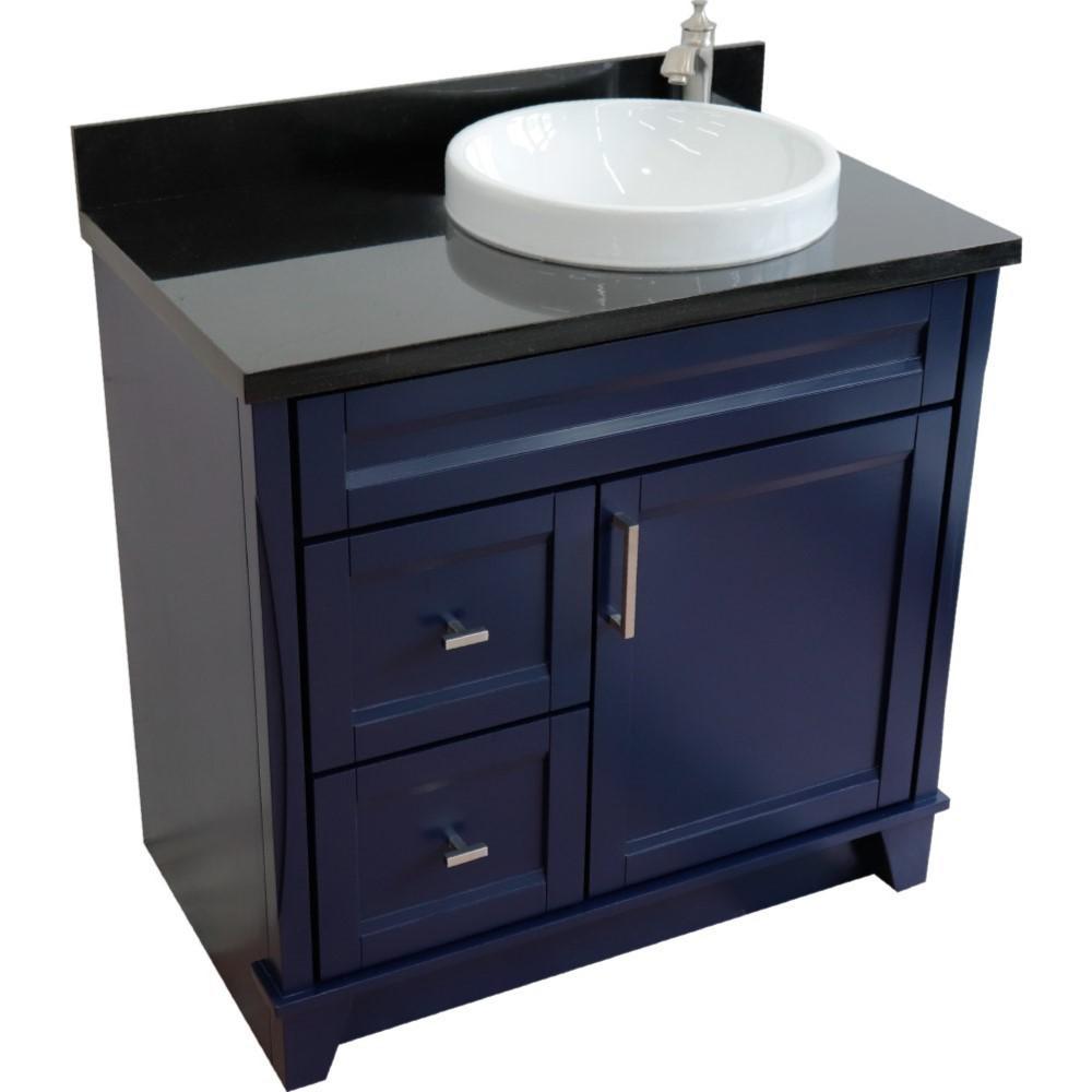 Single sink vanity in Blue with Black galaxy granite and LEFT round sink. Picture 9