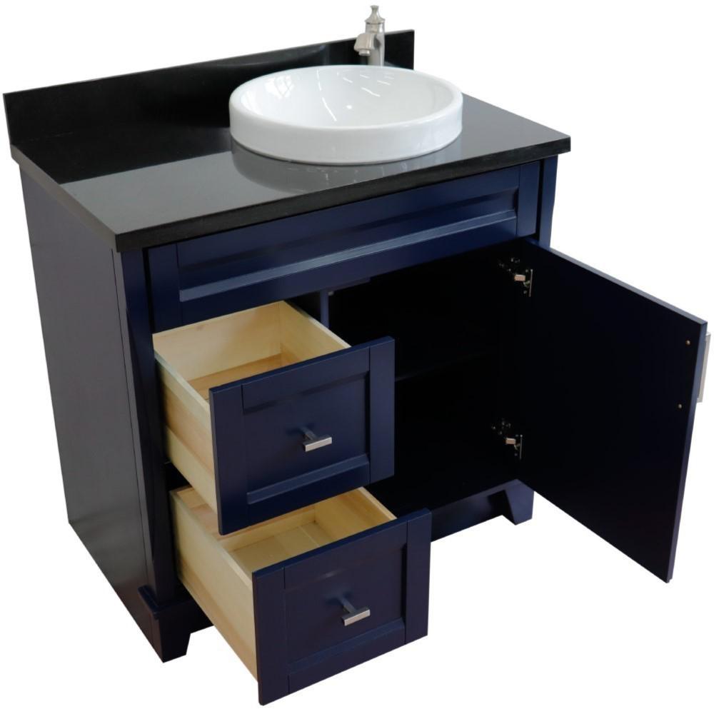 Single sink vanity in Blue with Black galaxy granite and LEFT round sink. Picture 10
