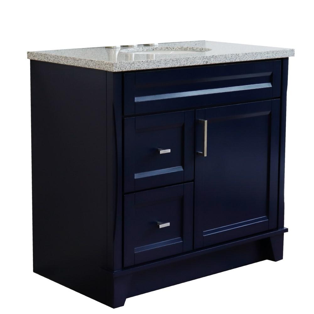 Single sink vanity in Blue with Gray granite and CENTER oval sink. Picture 1