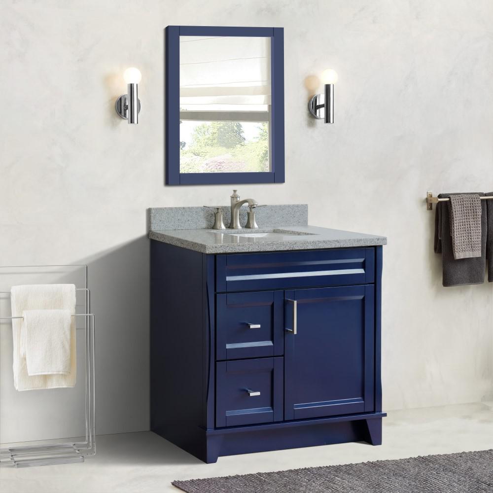 Single sink vanity in Blue with Gray granite and CENTER rectangle sink. Picture 2