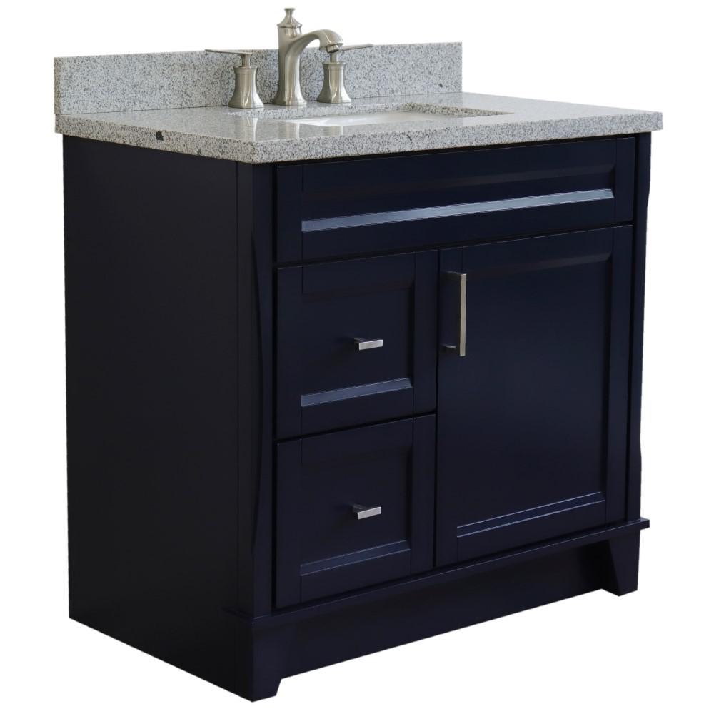 Single sink vanity in Blue with Gray granite and CENTER rectangle sink. Picture 6