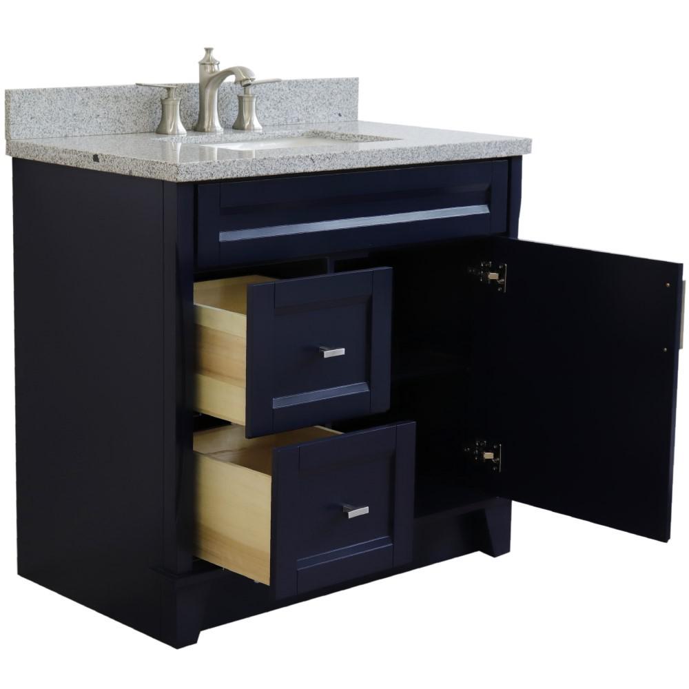Single sink vanity in Blue with Gray granite and CENTER rectangle sink. Picture 7