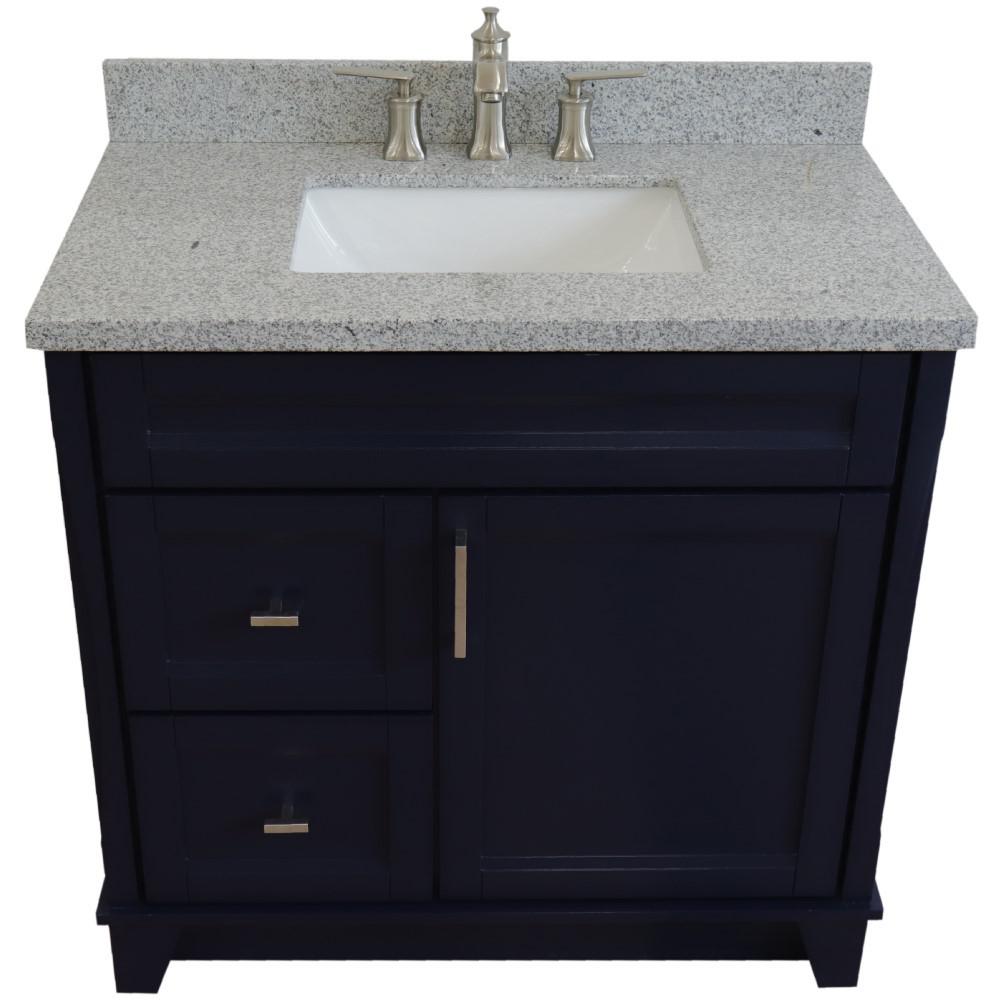Single sink vanity in Blue with Gray granite and CENTER rectangle sink. Picture 10