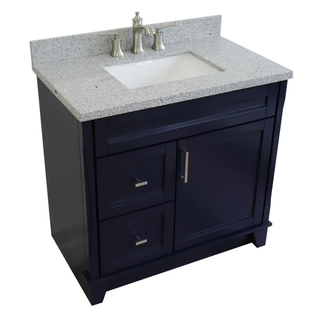 Single sink vanity in Blue with Gray granite and CENTER rectangle sink. Picture 11