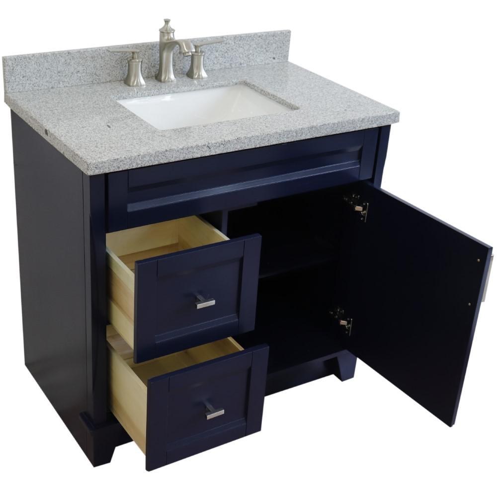 Single sink vanity in Blue with Gray granite and CENTER rectangle sink. Picture 12