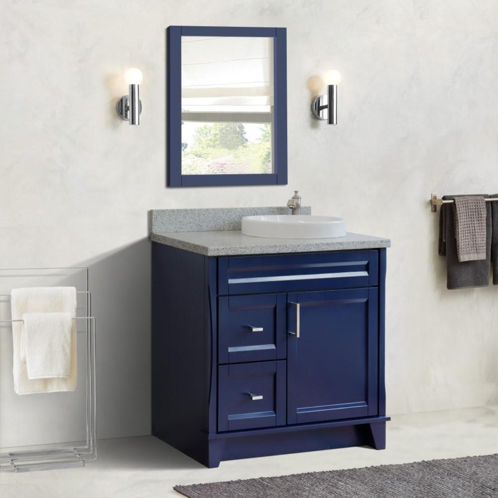 Single sink vanity in Blue with Gray granite and LEFT round sink. Picture 2