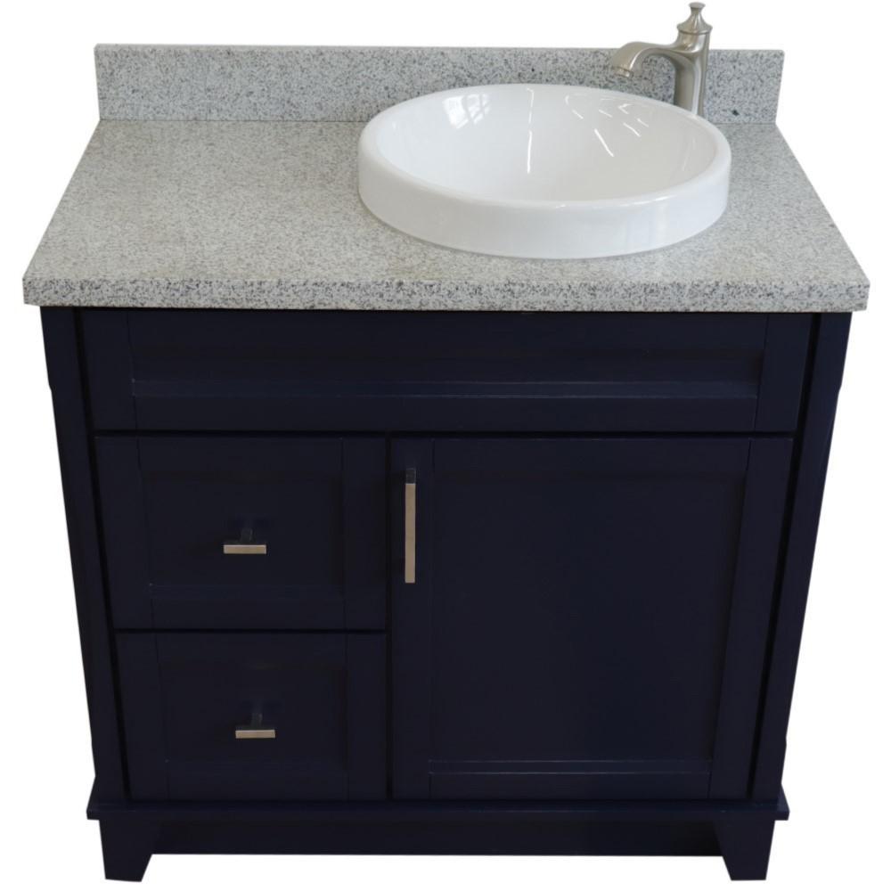 Single sink vanity in Blue with Gray granite and LEFT round sink. Picture 8