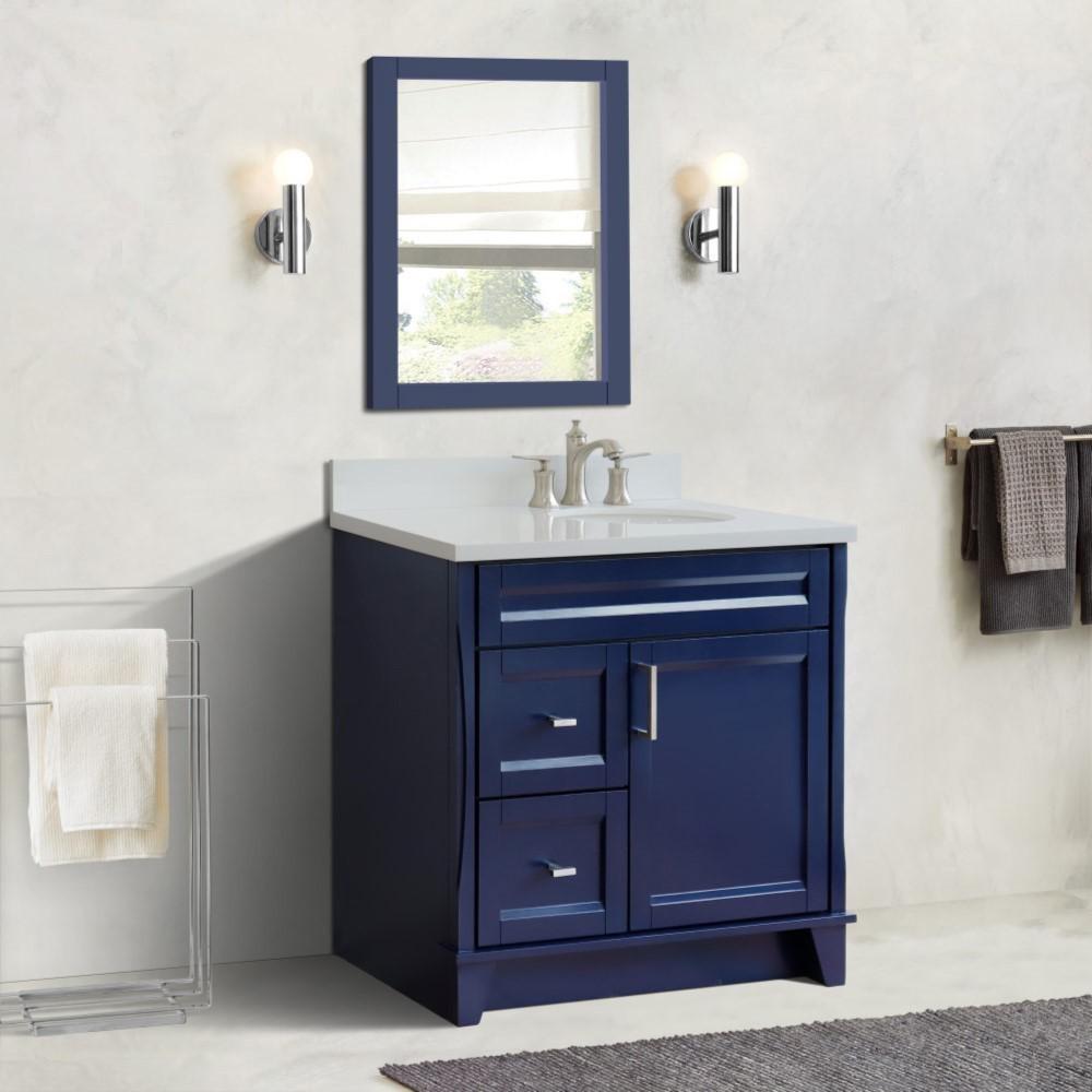 Single sink vanity in Blue with White quartz and LEFT oval sink. Picture 2