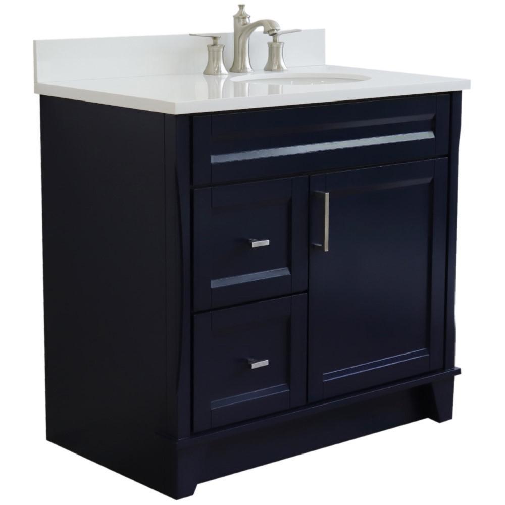 Single sink vanity in Blue with White quartz and LEFT oval sink. Picture 3