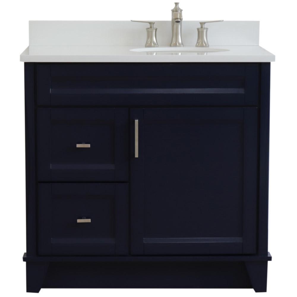 Single sink vanity in Blue with White quartz and LEFT oval sink. Picture 5