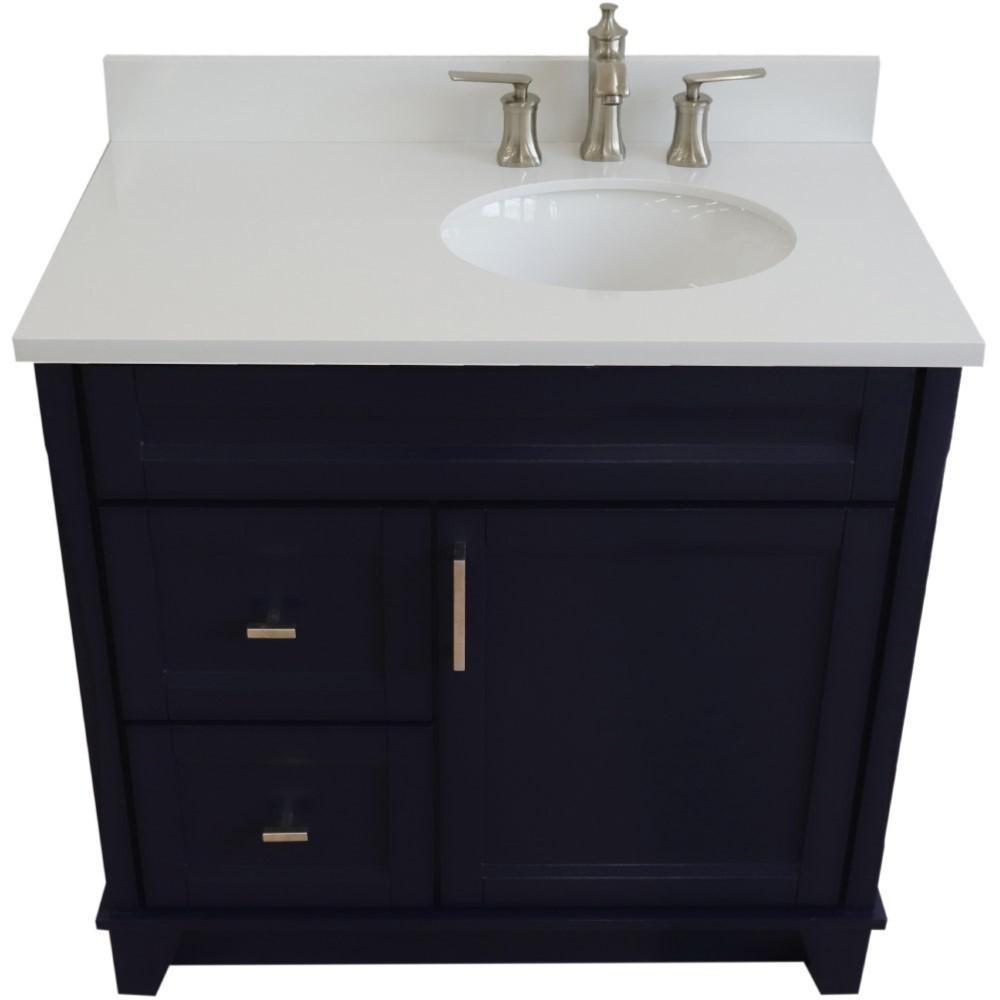 Single sink vanity in Blue with White quartz and LEFT oval sink. Picture 8
