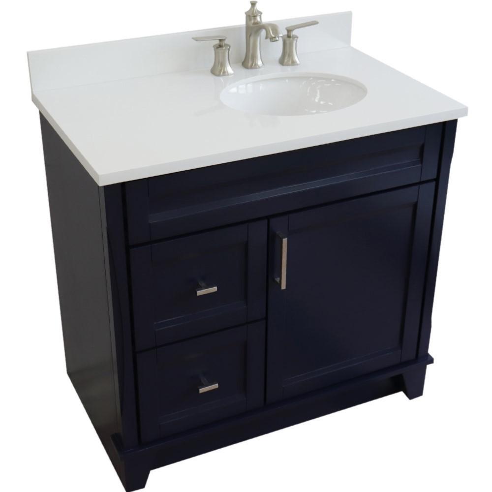 Single sink vanity in Blue with White quartz and LEFT oval sink. Picture 9
