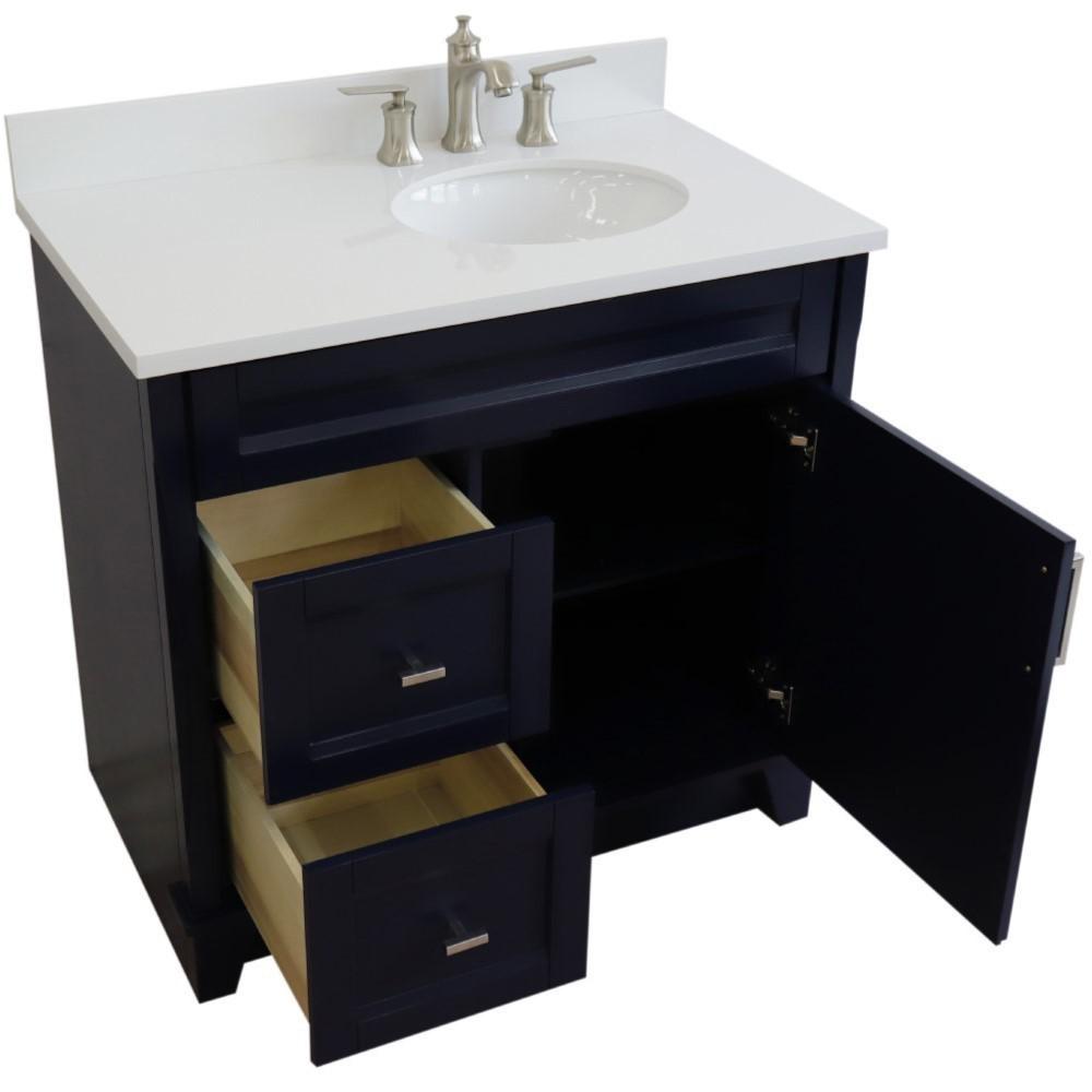 Single sink vanity in Blue with White quartz and LEFT oval sink. Picture 10