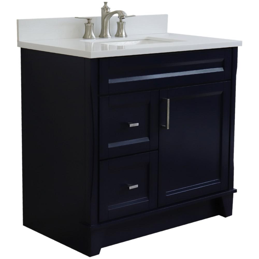 Single sink vanity in Blue with White quartz and CENTER rectangle sink. Picture 6