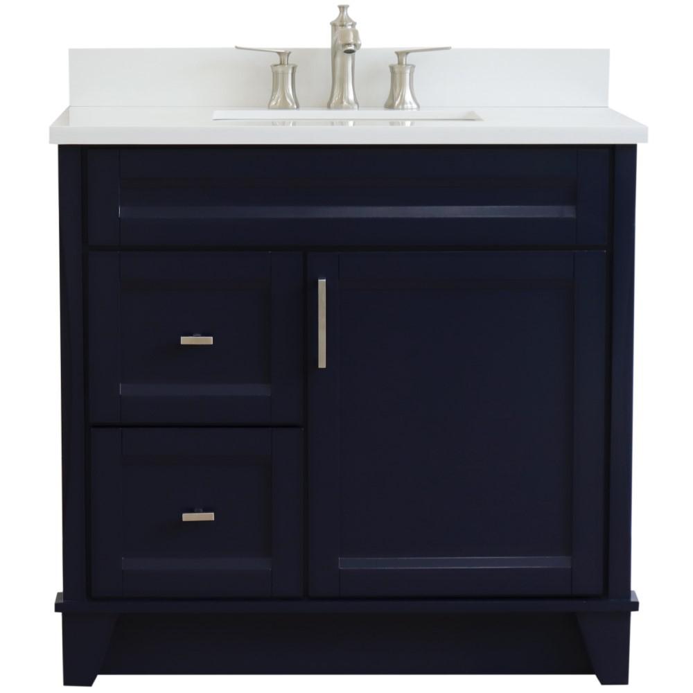 Single sink vanity in Blue with White quartz and CENTER rectangle sink. Picture 8
