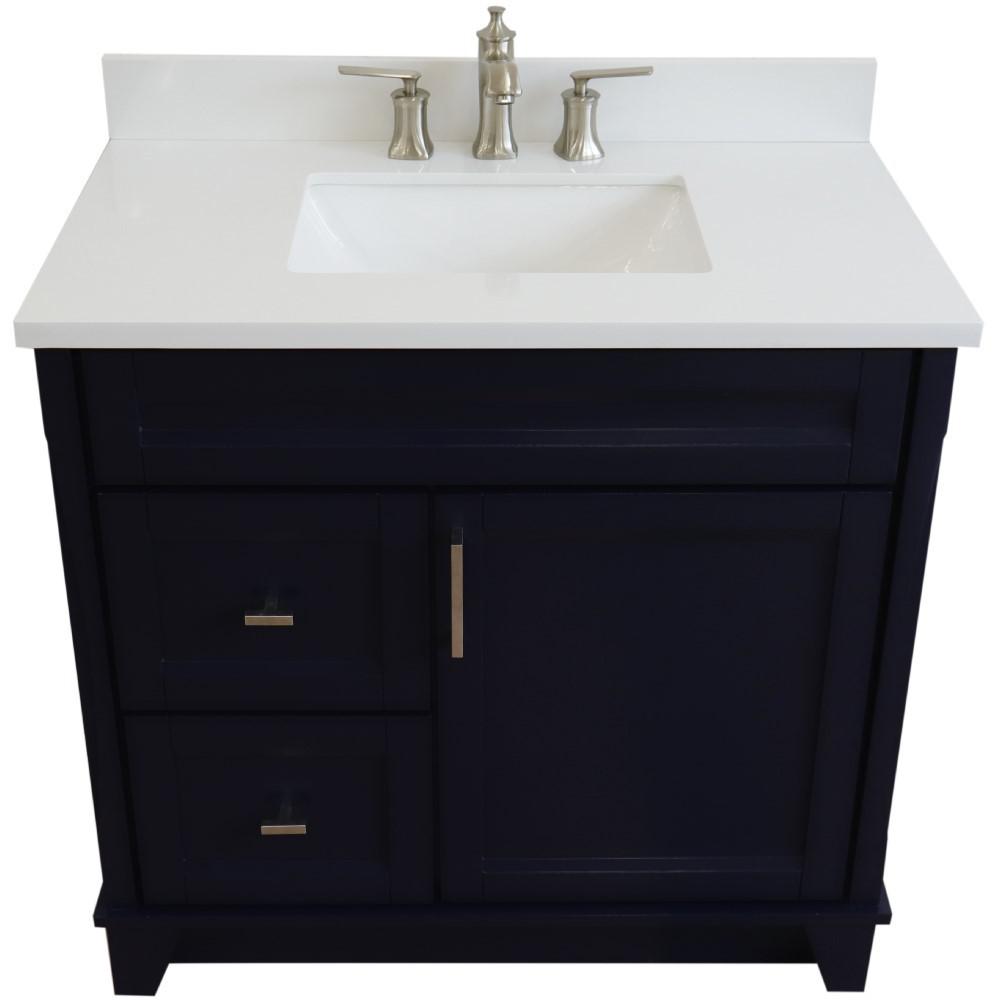 Single sink vanity in Blue with White quartz and CENTER rectangle sink. Picture 10