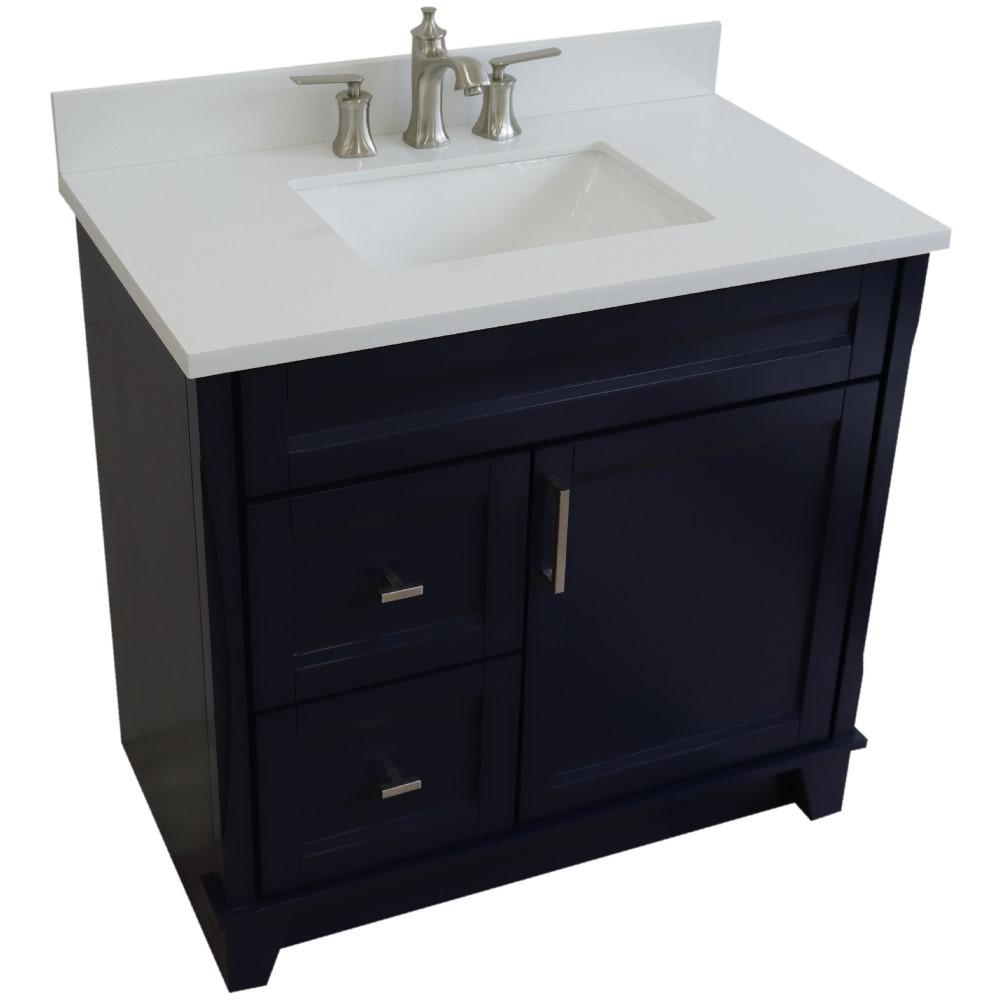 Single sink vanity in Blue with White quartz and CENTER rectangle sink. Picture 11