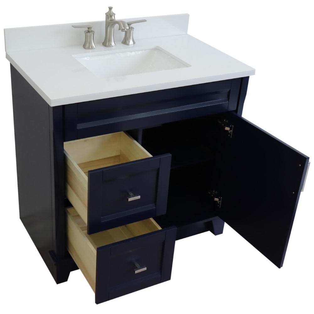 Single sink vanity in Blue with White quartz and CENTER rectangle sink. Picture 12