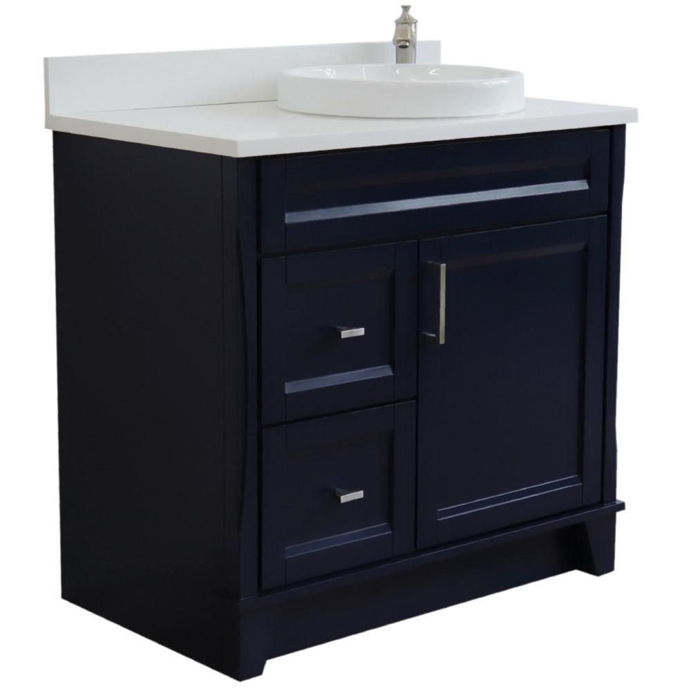 Single sink vanity in Blue with White quartz and LEFT round sink. Picture 3