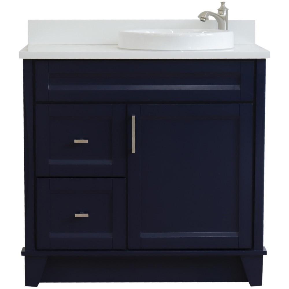 Single sink vanity in Blue with White quartz and LEFT round sink. Picture 5