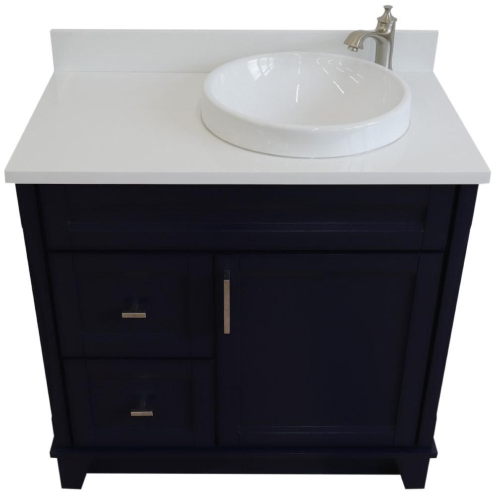 Single sink vanity in Blue with White quartz and LEFT round sink. Picture 8