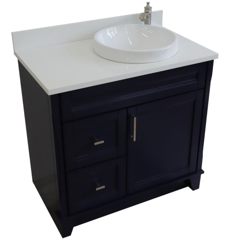 Single sink vanity in Blue with White quartz and LEFT round sink. Picture 9