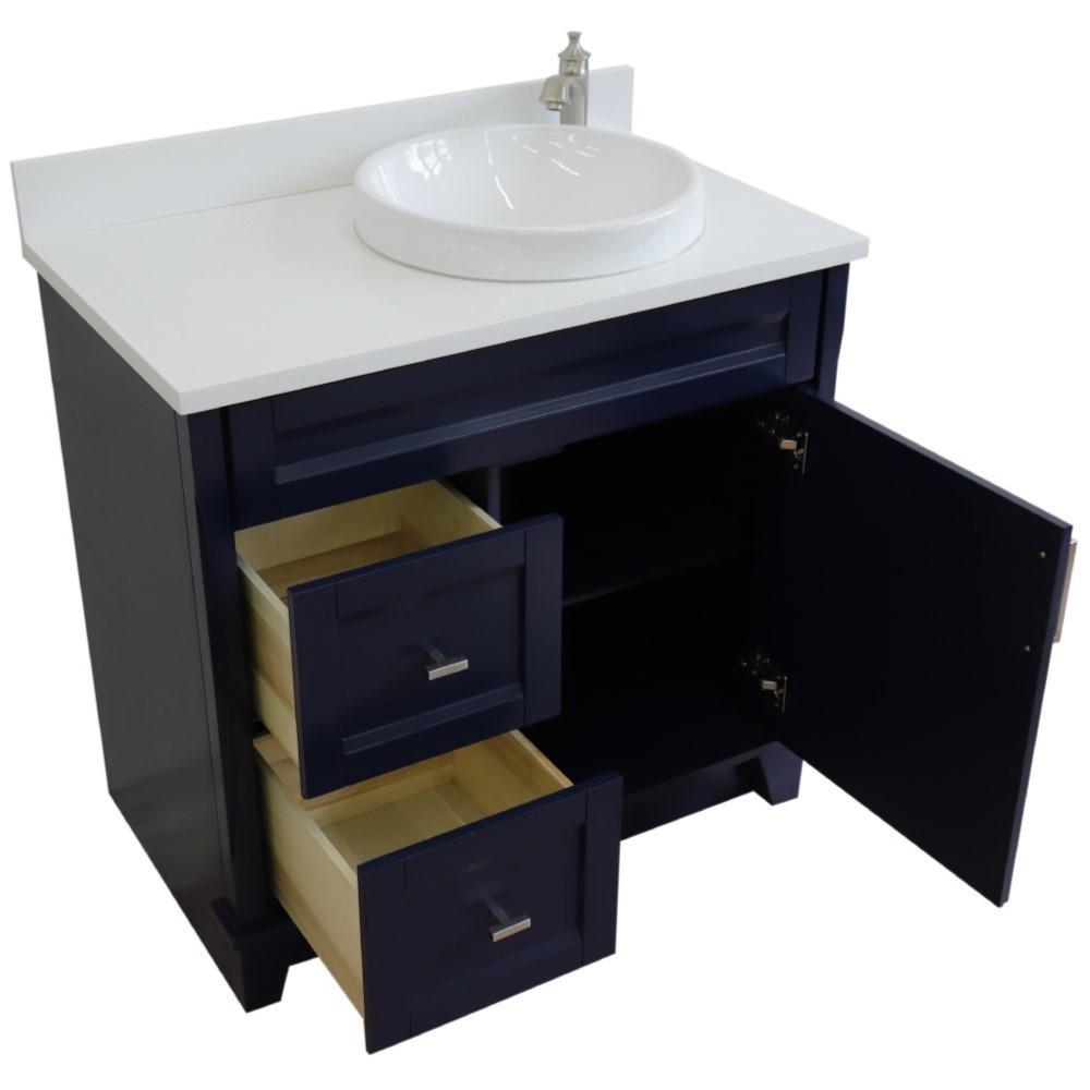 Single sink vanity in Blue with White quartz and LEFT round sink. Picture 10