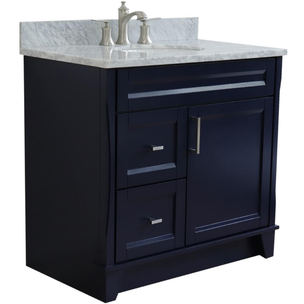Single sink vanity in Blue with White Carrara marble and CENTER oval sink. Picture 6
