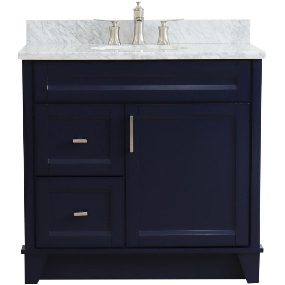Single sink vanity in Blue with White Carrara marble and CENTER oval sink. Picture 8