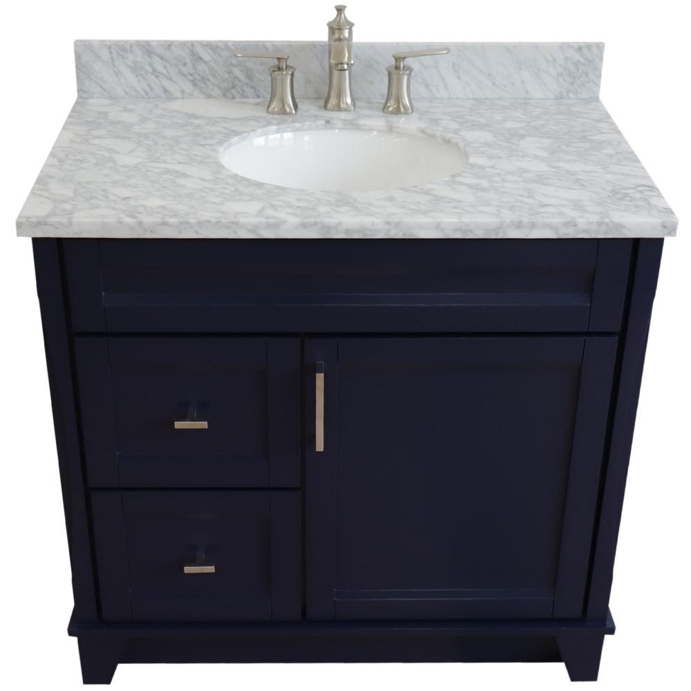 Single sink vanity in Blue with White Carrara marble and CENTER oval sink. Picture 10