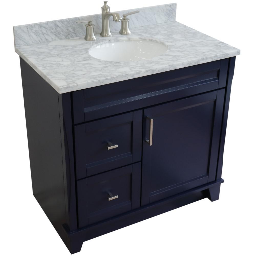 Single sink vanity in Blue with White Carrara marble and CENTER oval sink. Picture 11