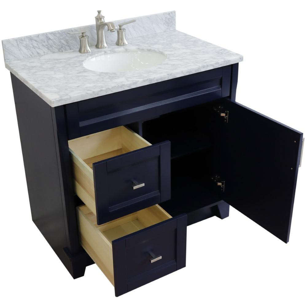 Single sink vanity in Blue with White Carrara marble and CENTER oval sink. Picture 12
