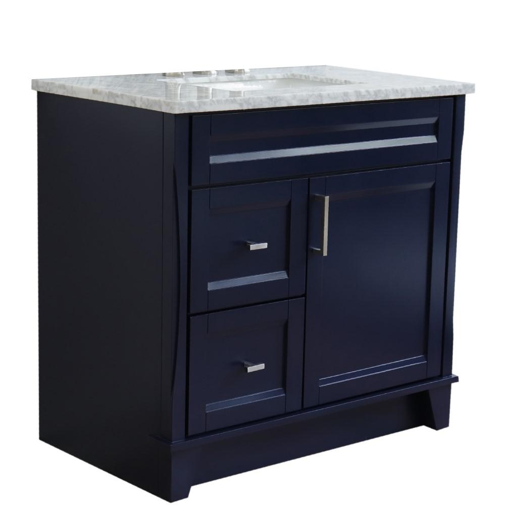 Single sink vanity in Blue with White Carrara marble and rectangle sink. Picture 1