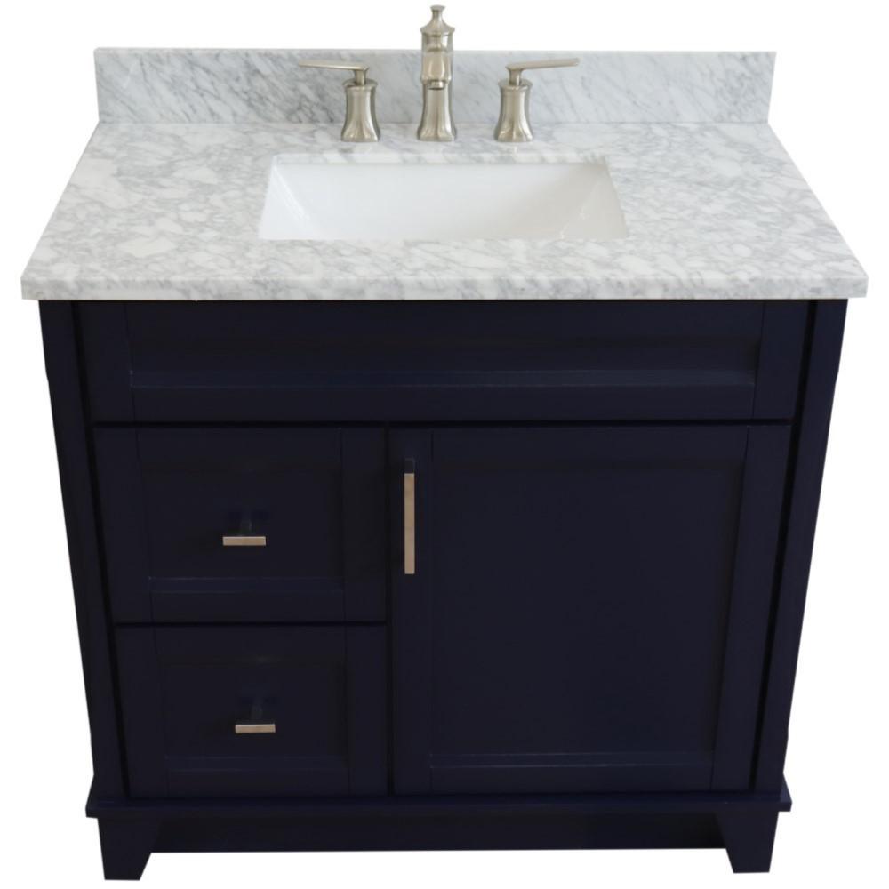 Single sink vanity in Blue with White Carrara marble and rectangle sink. Picture 10